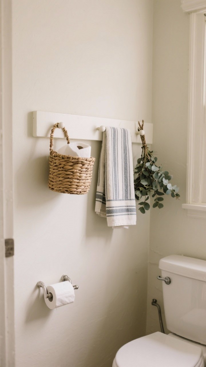 Medium corner view of a narrow bathroom wall with a painted warm white Shaker-style peg rail mounted above the toilet; pegs holding a woven basket with extra TP, a striped Turkish towel, and a fresh eucalyptus bundle; cohesive neutral palette, calm spa-like mood, soft side lighting emphasizing textures