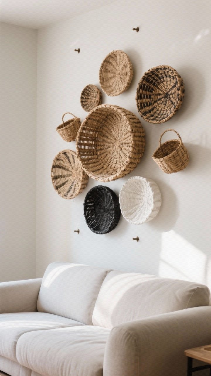 Medium, off-center angle of an organic basket wall above the couch; arrangement starts with the largest woven basket placed slightly off-center, surrounded by smaller baskets in natural, black, and white tones; round forms soften the sofa’s lines; subtle shadows add depth; clean wall with command-hook positions implied; soft natural light enhances texture.