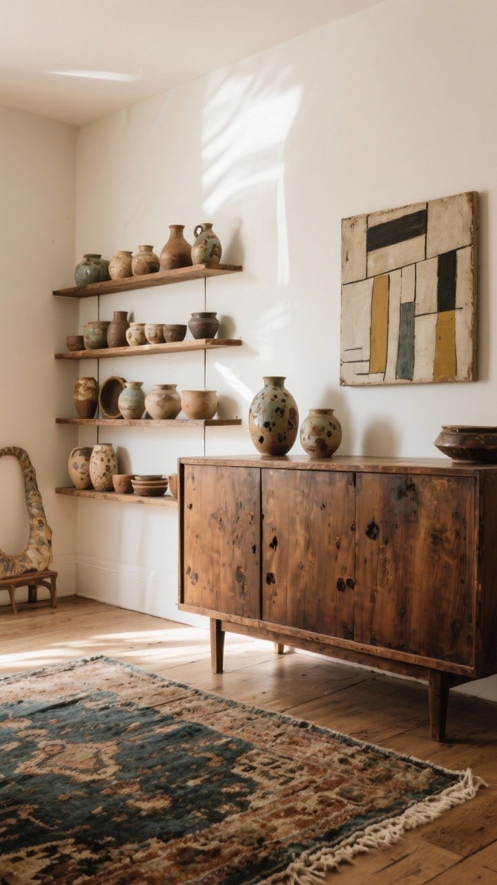 Medium shelf/cabinet shot: A collected mix of vintage and handmade—worn vintage rug partially visible on the floor, open shelves displaying handmade pottery with imperfect glazes, and a vintage wood credenza paired with a piece of modern art above it. Warm, natural light showcasing patina, character, and tactile surfaces.