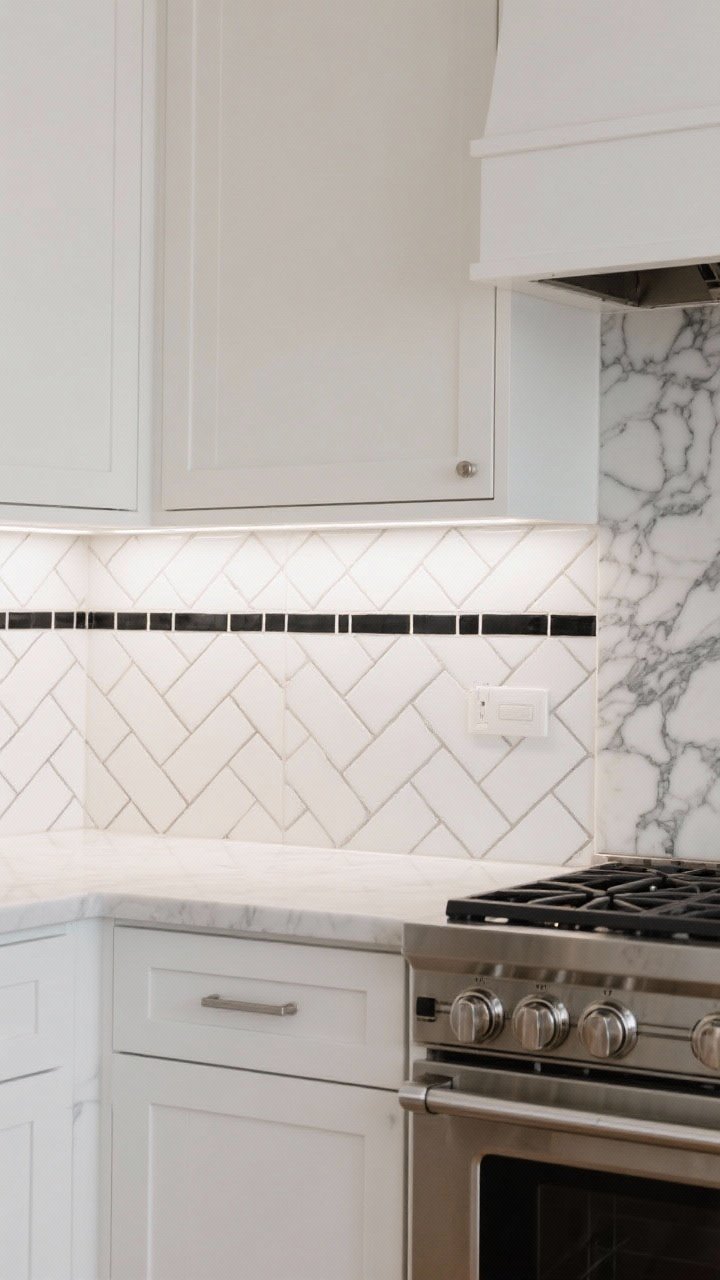 Medium shot: A backsplash-focused vignette with white subway tiles laid in a herringbone pattern, crisp black grout lines, and simple white lower cabinets; include a section of marble slab with dramatic gray veining near the range for contrast; soft, even task lighting under uppers; photorealistic texture on zellige-like tiles for subtle sheen.