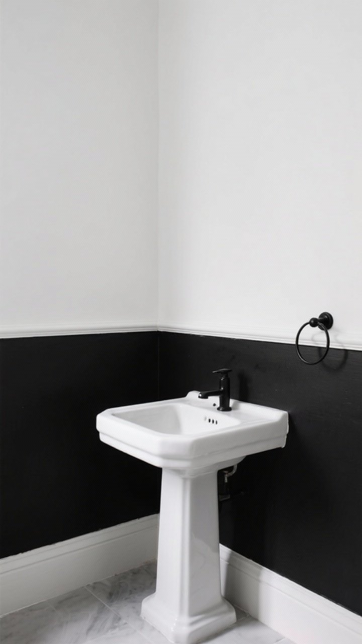 Medium shot: A bathroom wall painted half-and-half—rich black on the lower half, crisp white above—with a thin, narrow moulding strip at the color break; pristine, ruler-straight line created with a level; satin/eggshell finish on the walls for subtle sheen; white pedestal sink and black towel hook against the two-tone backdrop; side perspective capturing the clean line and the forgiving, scuff-hiding lower section.