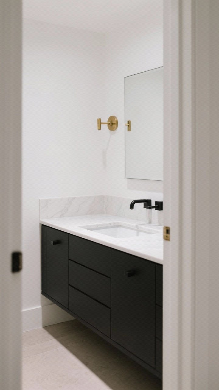 Medium shot: A black vanity with a white countertop taking center stage; undermount rectangular sink, modern eased edge on the counter, and new matte black pulls; white walls and neutral floor to let the vanity pop; small brass accents in a sconce or knob mix for boutique hotel energy; slightly angled view from the doorway to highlight the vanity’s presence.