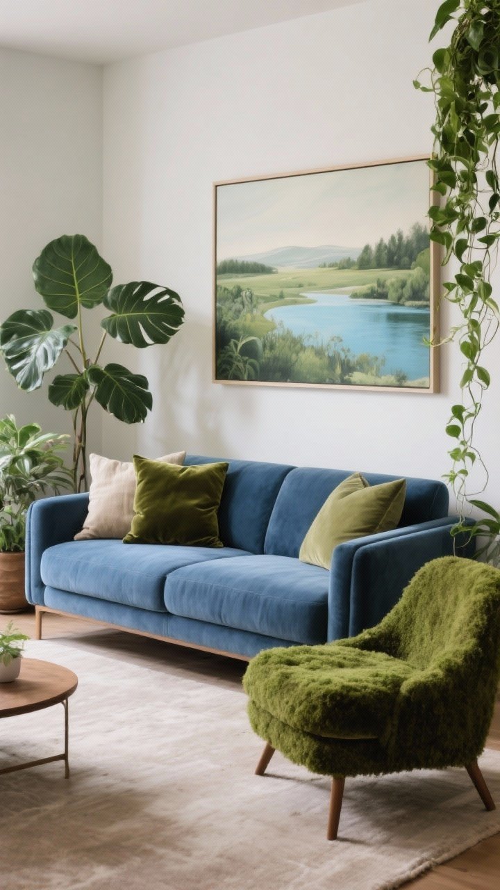 Medium shot: A blue sofa styled with olive and sage velvet pillows mixed with neutral linen, flanked by lush plants—a fiddle-leaf fig and a trailing pothos—plus a moss-toned accent chair nearby; wall art features a soft landscape with greenery and blue water tones; grounded, earthy atmosphere, photorealistic.