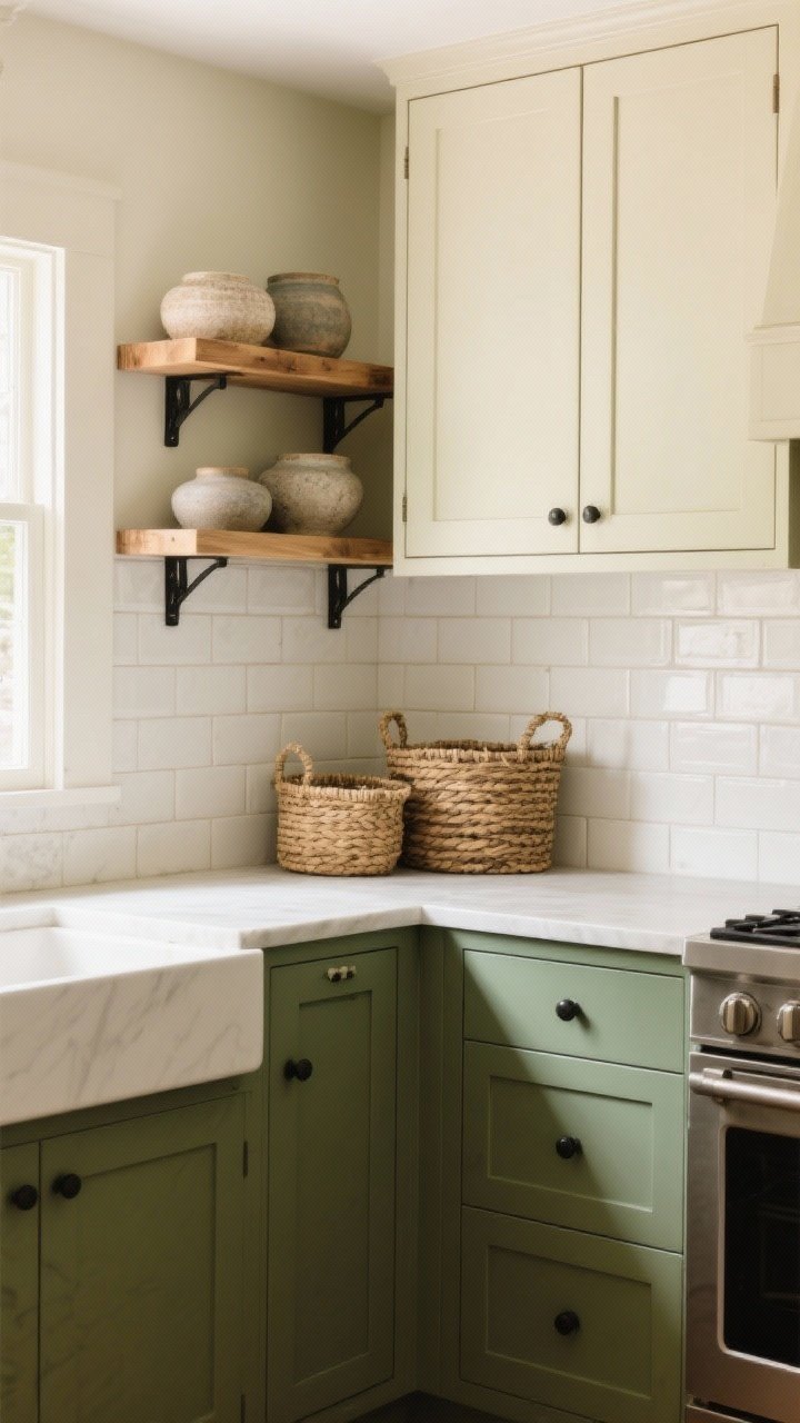 Medium shot: A calm, earthy kitchen corner with sage green matte-finish lower cabinets and creamy upper cabinets, oak open shelves styled with stoneware and woven baskets, matte black hardware, and a handmade-look off-white subway tile backsplash; warm natural daylight from the left, showing soft texture and organic materials.