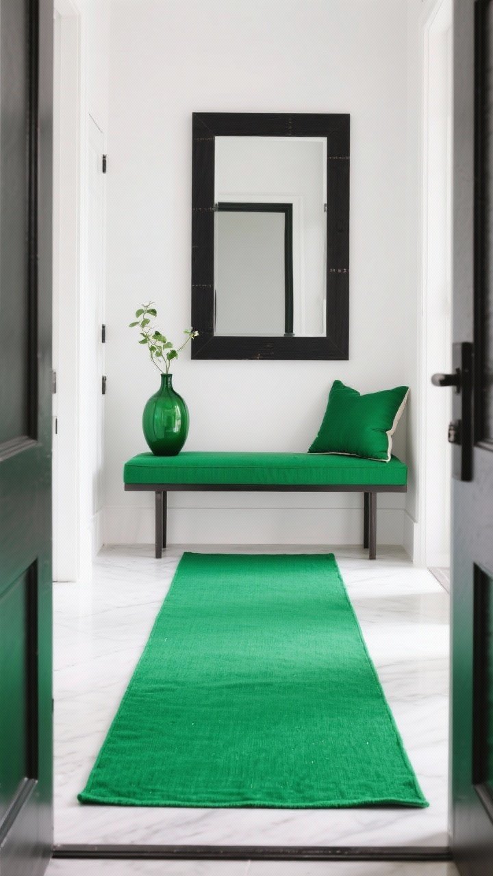 Medium shot: A color-forward entry featuring a solid emerald green washable runner as the focal point. Keep a simple, slim black-framed mirror so the color can lead, and repeat the hue in a small vase and a throw pillow on the bench. Bright, balanced lighting showcases the bold tone and a clean, modern composition.