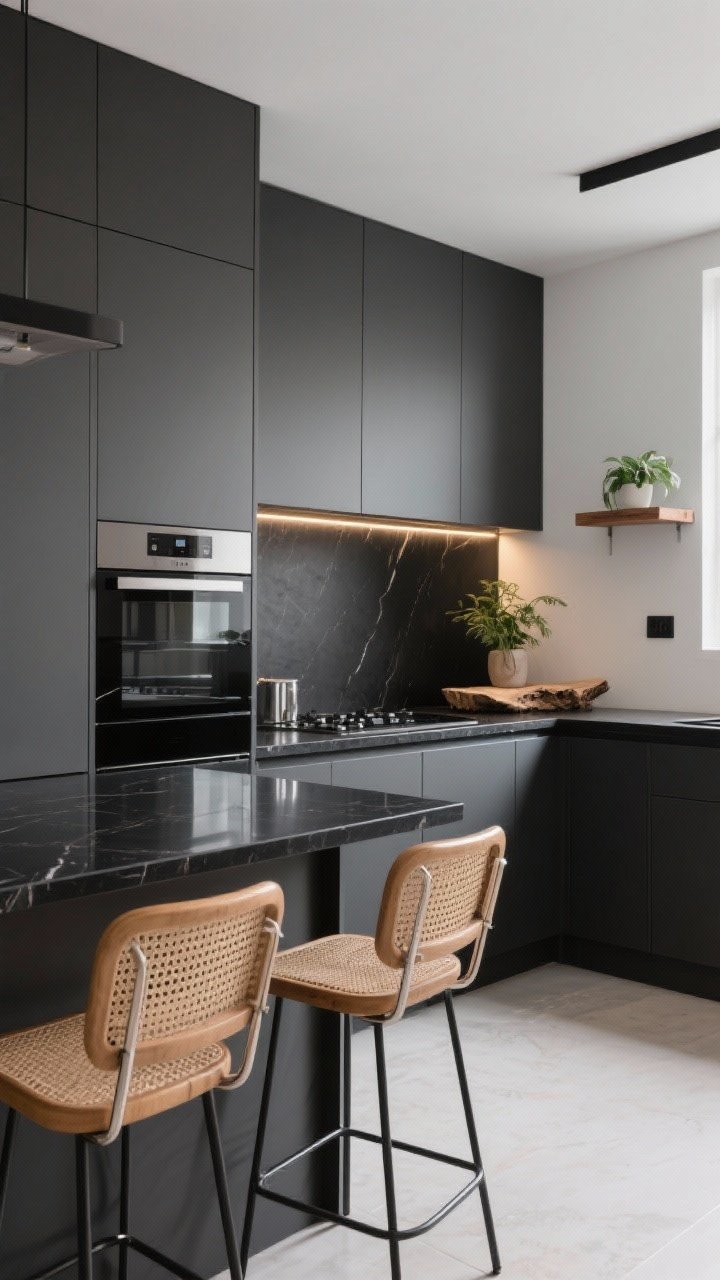 Medium shot: A contemporary kitchen corner with polished solid jet-black quartz countertops reflecting under-cabinet LED strip lighting; flat-panel cabinets in matte charcoal with hidden appliances, rattan bar stools at the peninsula, and a small live-edge wood shelf with a plant to soften the sleek look; clean lines, minimal visual noise, photorealistic.