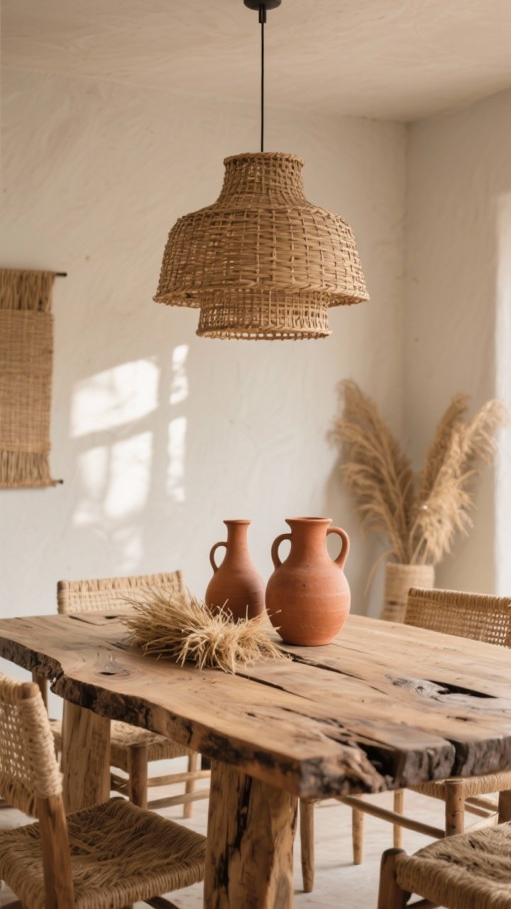 Medium shot: A dining area emphasizing natural materials—reclaimed live-edge wood table, large woven rattan pendant light overhead, terracotta clay vessels and pitchers as a simple centerpiece, seagrass and jute accents, and a calm neutral base. Warm daylight with gentle shadows to bring out the grain and fibers; earthy, relaxed mood.