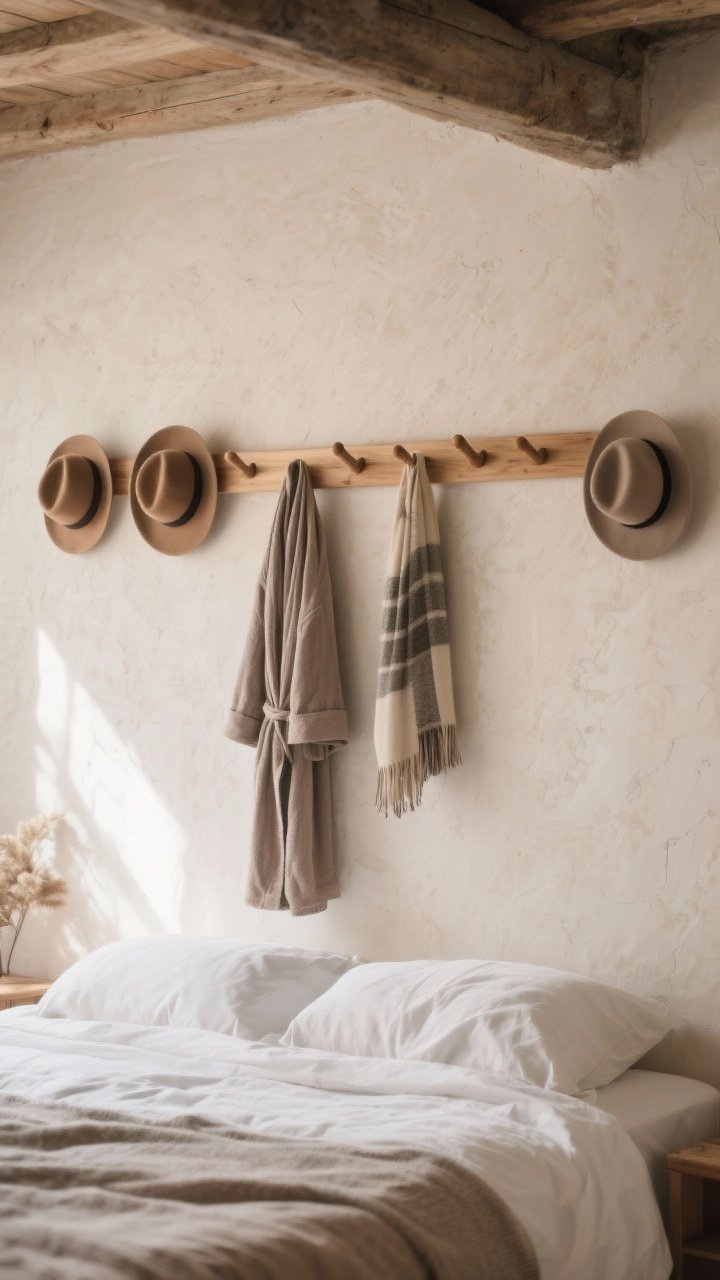 Medium shot: A functional art wall featuring a simple oak peg rail with matching pegs, neatly arranged hats at higher pegs and a robe and scarf on lower ones, symmetrically flanking the bed. Seasonal pieces kept minimal for a curated look; soft morning light, textured plaster wall adds depth.