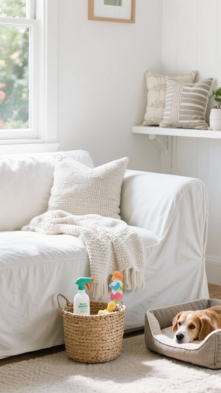Medium shot: A kid- and pet-friendly white sofa scene with performance fabric slipcover, a textured, washable throw layered over the most-used seat, and a small basket with enzyme cleaner spray and mild soap on a nearby shelf; indoor/outdoor fabric pillows; a low-shed pet bed nearby; practical, bright daylight emphasizing durability and ease.