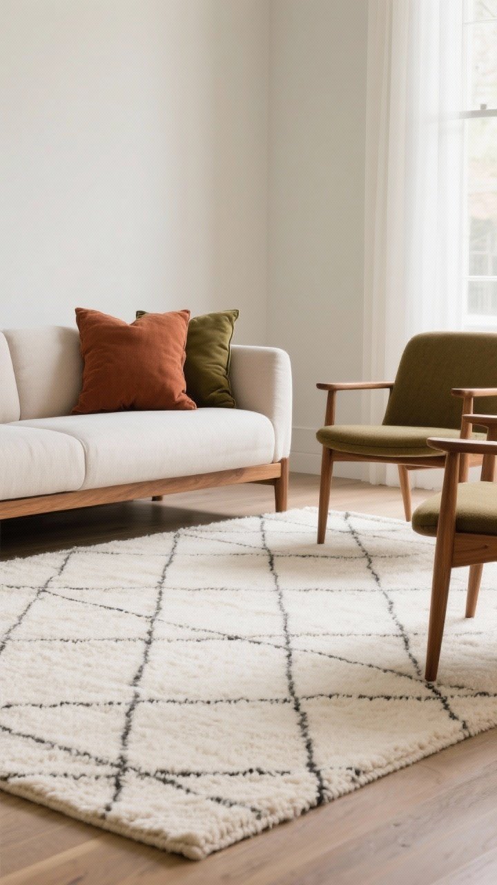 Medium shot: A large low-pile wool rug in cream with a subtle geometric grid anchors the seating. Front legs of the sofa and chairs rest on it; a muted rust throw pillow and olive-toned accents tie in with warm wood. Natural light from the side, crisp edges, no floating rug feeling.