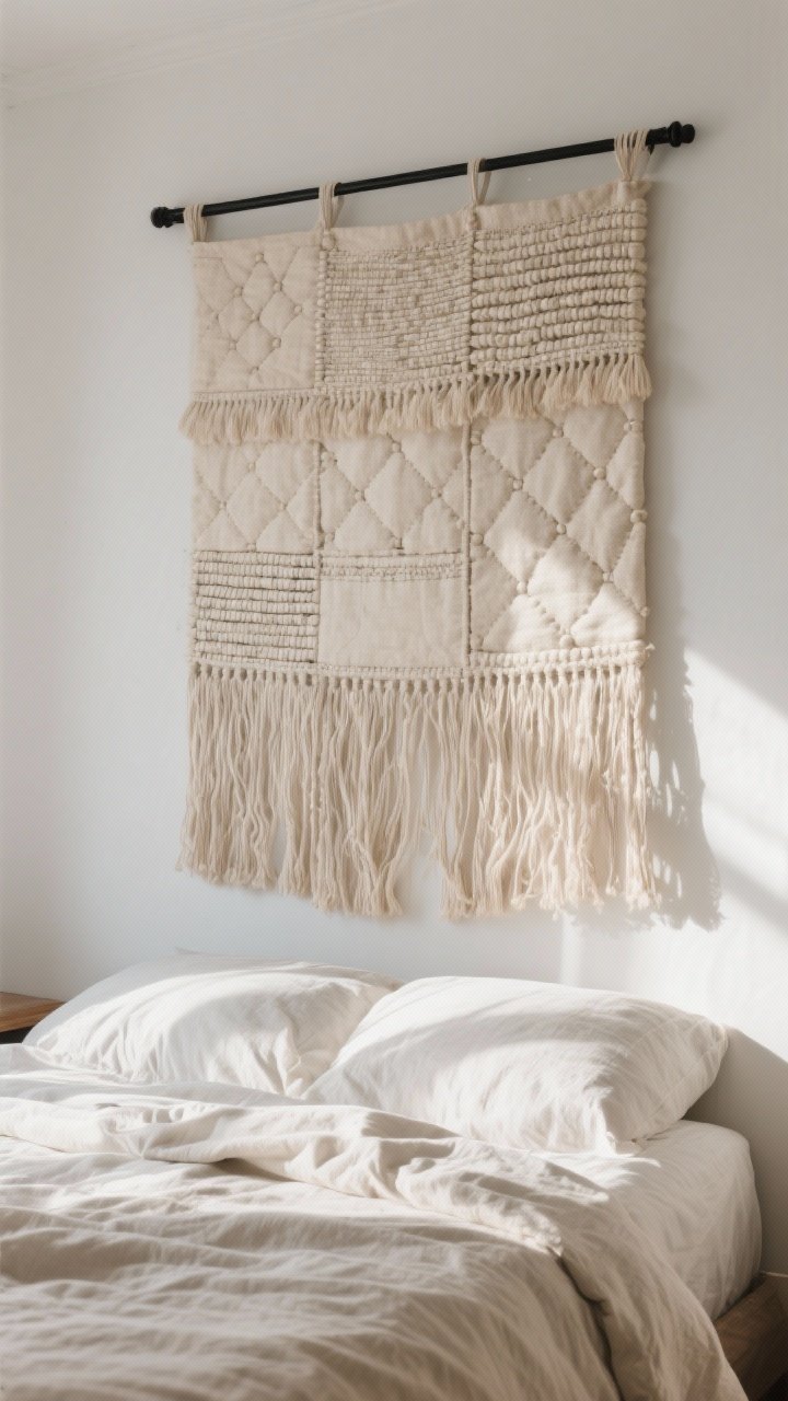 Medium shot: A large neutral fabric wall hanging—a handwoven tapestry with fringe and tufted sections—in creamy oatmeal tones hung on a simple black curtain rod above the bed, adding soft texture and sound dampening. Gentle morning light, linen duvet, subtle shadows in the weave, airy and renter-friendly vibe.