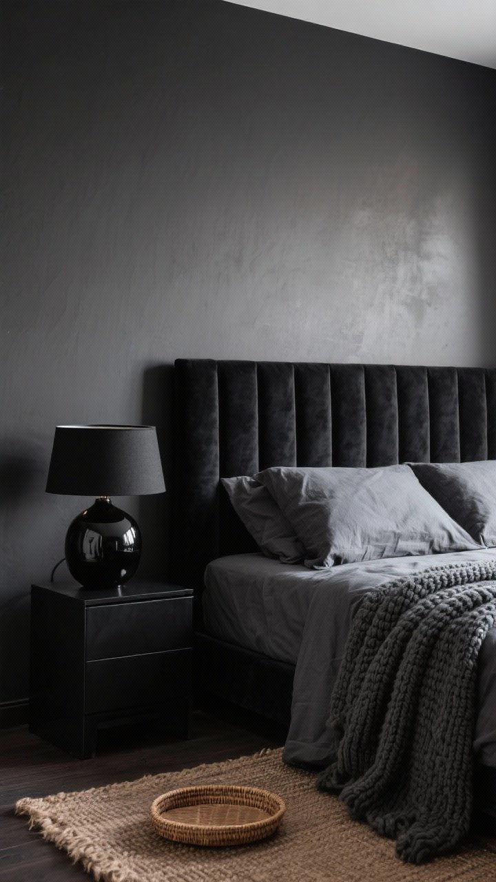 Medium shot: A layered black bedroom corner featuring a charcoal matte wall, a black velvet channel headboard, stone-washed charcoal linen sheets, and a chunky knit graphite throw draped at the foot; a glossy black ceramic lamp on a lacquered black nightstand contrasts the matte surfaces; a jute rug and small rattan tray add natural fiber warmth; soft evening light.