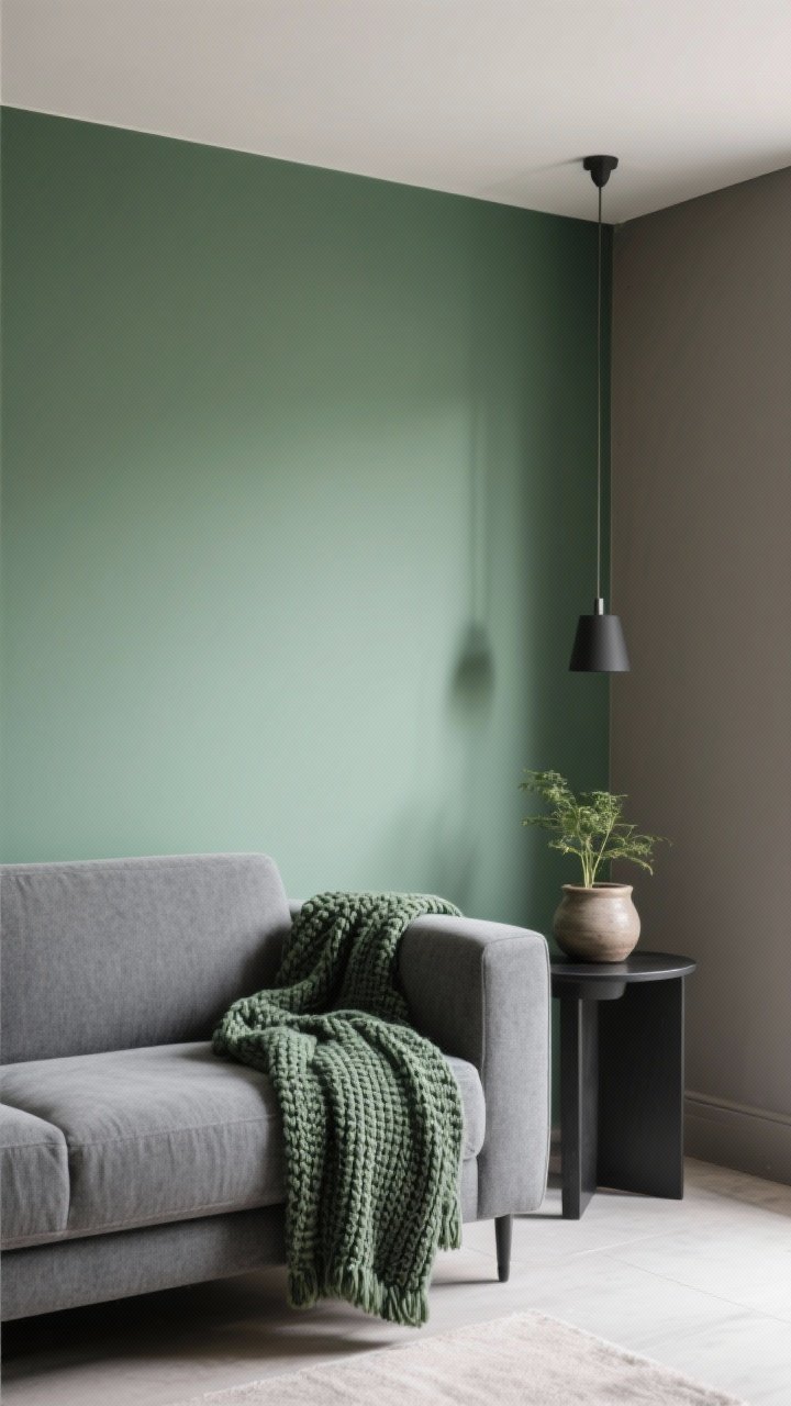Medium shot: A living room wall painted sage green as a feature behind a grey sofa; adjacent walls in warm grey. Pair with charcoal accents like a dark side table. Repeat sage in a knitted throw and a ceramic planter with a small plant. Even, diffuse daylight to keep it soothing and modern. Mood: calm, cohesive focal point.