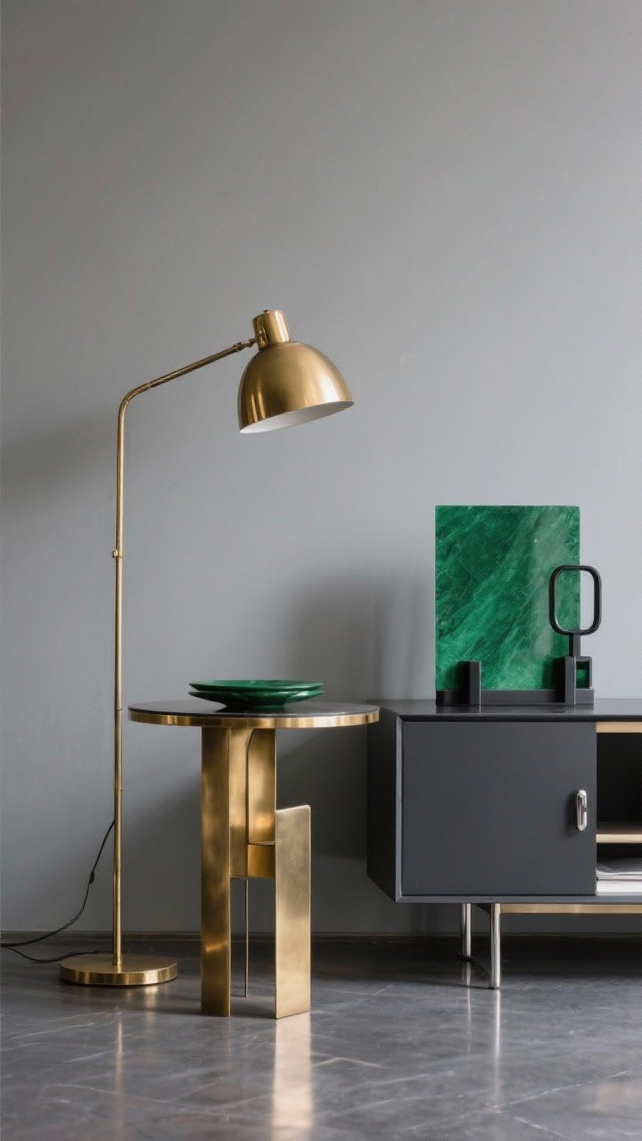 Medium shot: A metal-focused styling vignette—emerald elements paired with brass accents: a brass floor lamp and brass-legged coffee table; an alternate setup shows a sage item with matte black hardware, and a charcoal piece with chrome detail on a shelf. Keep one dominant metal (e.g., brass) and one supporting (e.g., black) visible. Neutral grey walls and controlled reflections. Mood: tailored, elevated.