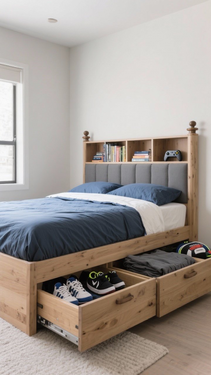 Medium shot: A platform bed with integrated drawers open to reveal folded clothes, sneakers, and sports gear. Include a captain’s-style cubby headboard with books and a gaming console, plus a trundle partially pulled out. Dark gray durable sheets, mid-tone blue duvet, and a tidy, practical look. Neutral walls and natural wood; even, bright daylight for clarity.