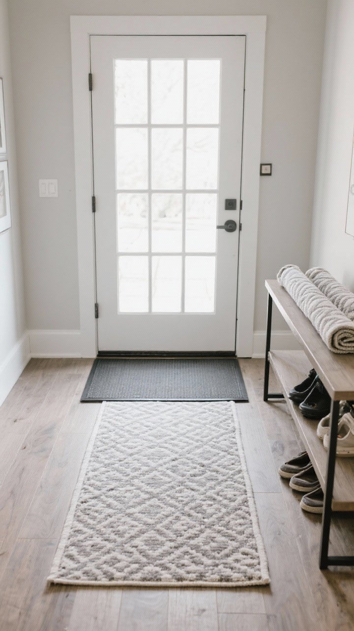 Medium shot: A practical, high-traffic entry with a low-pile, machine-washable runner in a subtle pattern, doors gliding over it smoothly. Add a grippy rug pad edge peeking slightly underneath, and a second folded runner on a lower console shelf ready to rotate. Overcast daylight from the door highlights the easy-care, family- and pet-friendly vibe; no shoes on the rug.