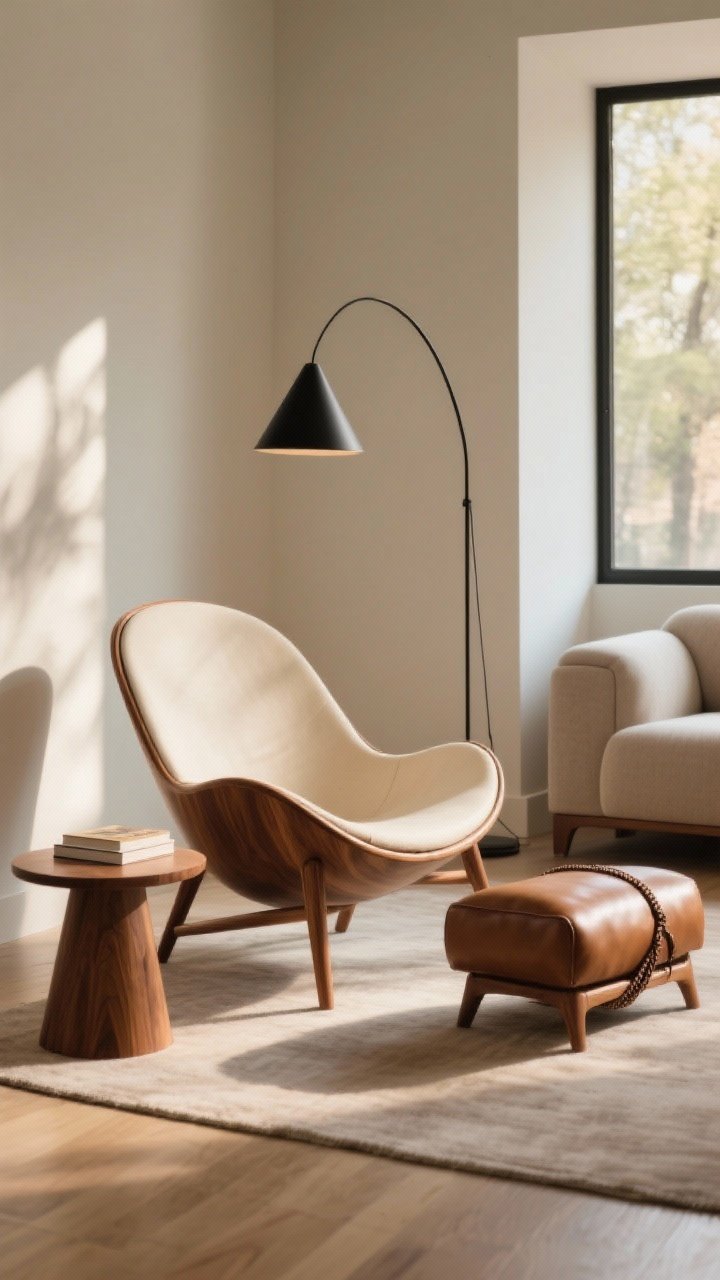 Medium shot: A sculptural lounge chair in a reading corner—curved shell silhouette with a walnut wood frame and low-slung profile, paired with a leather sling ottoman. A small round side table holds a book, and a black cone-shade floor lamp arcs in from behind. Angled toward an unseen sofa, warm afternoon light, cozy but refined.