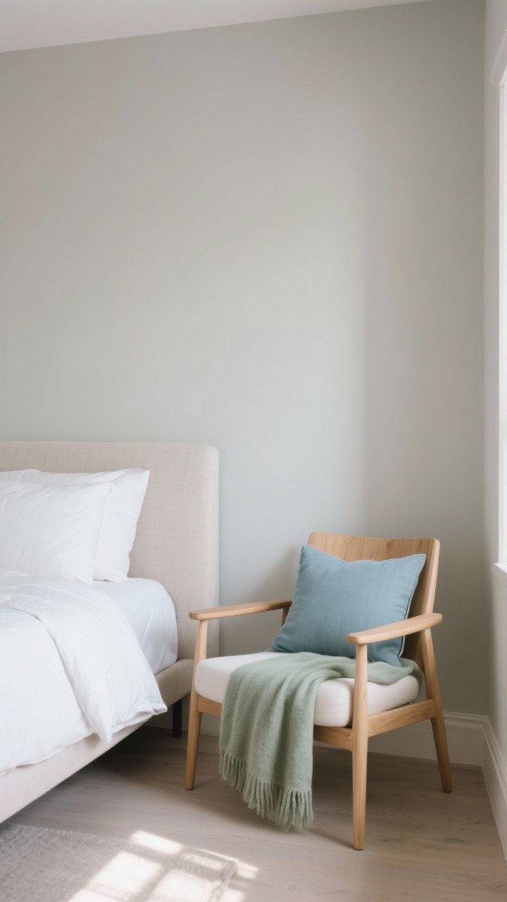 Medium shot: A serene bedroom corner showcasing a calm color story in soft greige walls (matte finish), warm white bedding, light oak side chair, and a muted sage throw; gentle tonal contrast following a 60/30/10 rule with dusty blue accent pillow; warm wood tones prevent a clinical feel; soft diffused morning light, photorealistic.