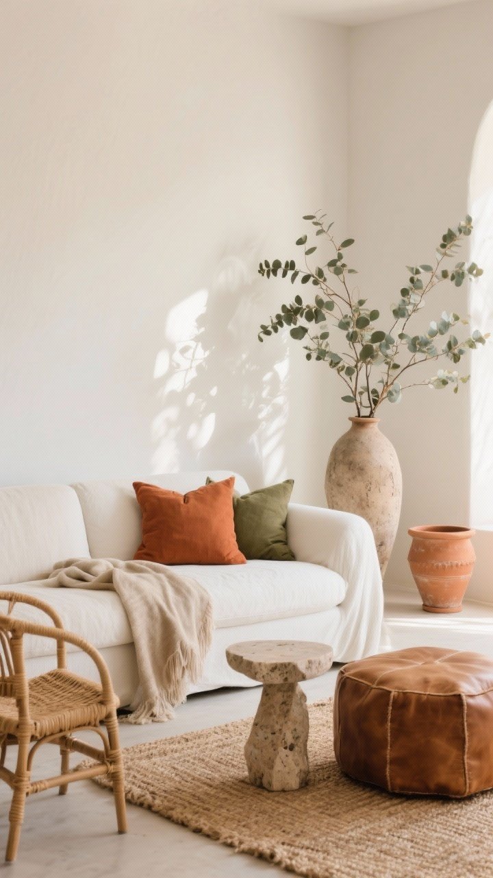 Medium shot: A serene white sofa with earthy neutrals—terracotta and olive linen throw pillows, a sand-toned throw, and a camel leather ottoman; natural materials like a rattan accent chair, jute rug, travertine side table, and terracotta pots; a rough ceramic vase with eucalyptus branches adds height; soft morning light for calm, grounded vibes.