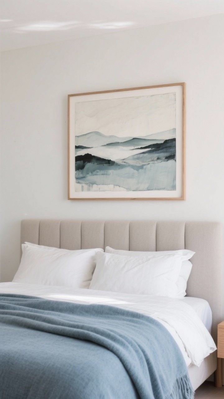 Medium shot: A simple upholstered headboard with one large-scale abstract artwork above, sized at roughly two-thirds the headboard width; thin natural wood frame, art with soft landscape tones echoing a muted dusty blue throw on the bed; clean wall space and negative space for calm; soft natural light, photorealistic.