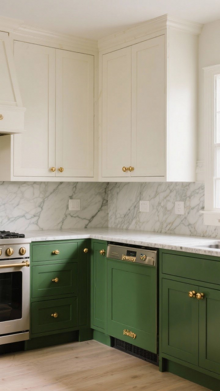 Medium shot: A sophisticated kitchen run with forest green lower cabinets, warm white uppers, polished brass knobs and pulls, and honed veined stone countertops; include a panel-front dishwasher matching the green lowers for a seamless look; soft, even lighting emphasizing the brass “jewelry” accents and classic feel.