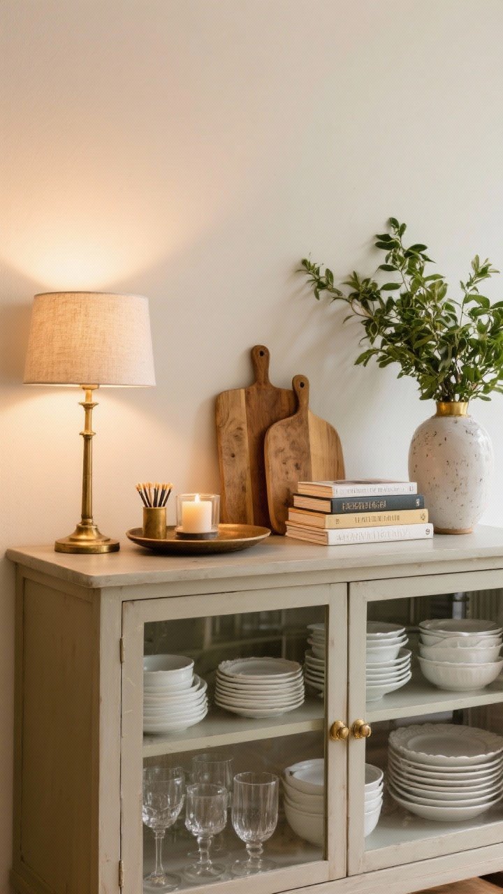 Medium shot: A styled sideboard/hutch—top arranged with a small table lamp, a round tray corraling a candle and match striker, a stack of cookbooks, and a vase of greenery; inside the glass doors, neatly displayed white dishes, wood cutting boards, and clear glassware; aged brass knobs swapped in; clutter-free, warm ambient light.