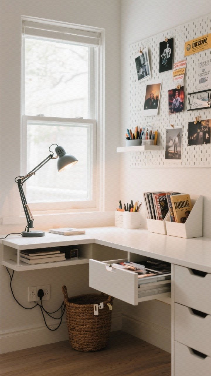 Medium shot: A stylish study zone under a window—streamlined desk with a pivoting task lamp, floating wall-mounted option if space is tight, hidden storage via drawer organizers and magazine files, a pegboard with neatly arranged supplies, and cord control with stick-on clips guiding cables to a basket-hidden power strip; a curated pinboard above the desk with photos, concert tickets, and inspiration; bright, focused daylight with warm task lighting.