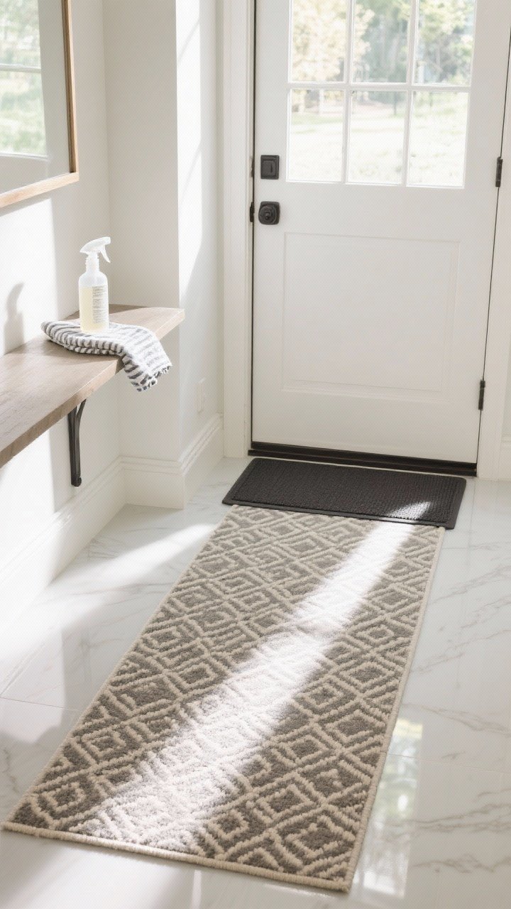 Medium shot: A sunlit entryway using a performance-fiber runner (polypropylene/PET) with a subtle, modern pattern. Highlight easy-care practicality with a nearby spray bottle and cloth on a console shelf. Use a rubber-backed rug pad for grip on slick floors; low-to-medium pile clears the door. Bright, resilient feel.