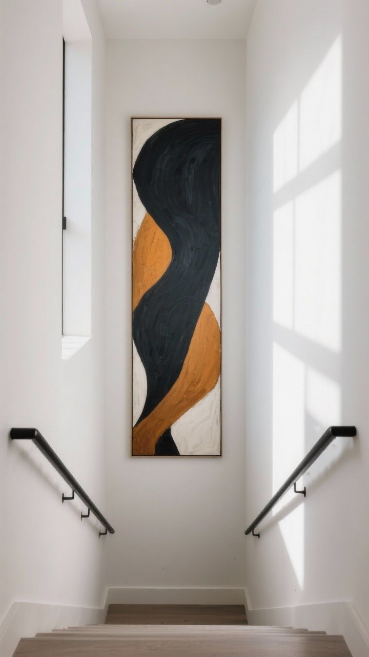 Medium shot: A tall, vertical oversized canvas centered at a mid-landing of a high-ceiling stairwell. The single bold abstract artwork in deep charcoal, ochre, and ivory elongates the space. Minimal decor and zero clutter around it, soft directional afternoon light highlighting the texture of the canvas, sleek black handrail, matte white walls, photorealistic.