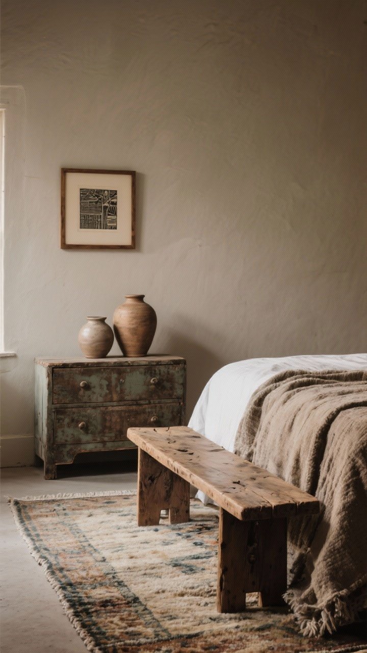 Medium shot adding soul with vintage and handmade pieces: a faded vintage wool rug underfoot, a reclaimed elm bench at the bed’s foot with visible patina, hand-thrown ceramic vases on a dresser, and a small block print in a wood frame on the wall; earthy palette, layered textures, softly lit to highlight age and craftsmanship.