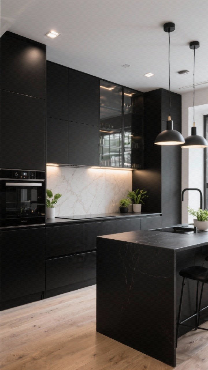 Medium shot: All-black kitchen with black countertops and black cabinets, mixing finishes—matte cabinets with polished counters; abundant lighting via pendants and under-cabinet LEDs, plus an airy light wood floor and a pale backsplash for strategic contrast; touches of smoked glass uppers and a few green plants; photorealistic.