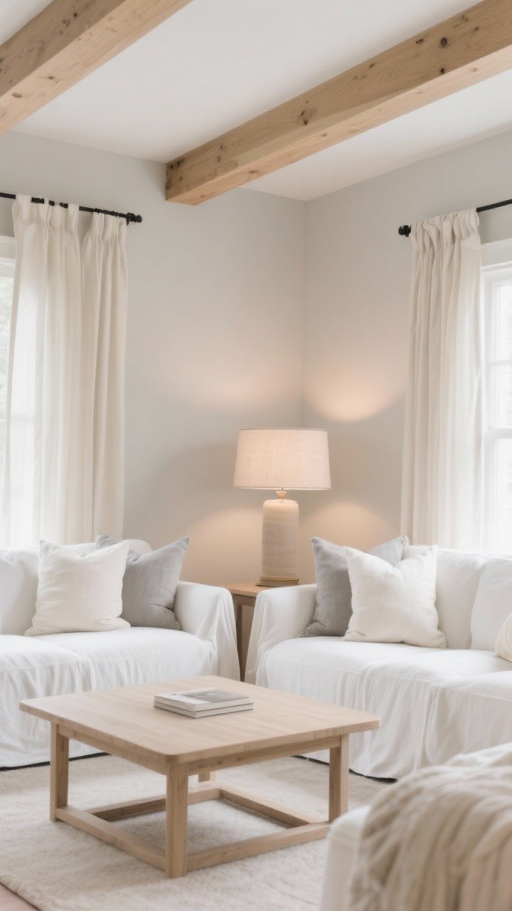Medium shot: An all-white living room vignette with a white couch in slipcover “natural/oyster” tone, layered with ivory, cream, and soft gray pillows; a pale oak coffee table and pale oak ceiling beams add warmth; soft lighting from a fabric-shade table lamp on dimmer casts a warm 2700K glow; greige walls and creamy drapery complete a cozy monochrome palette.