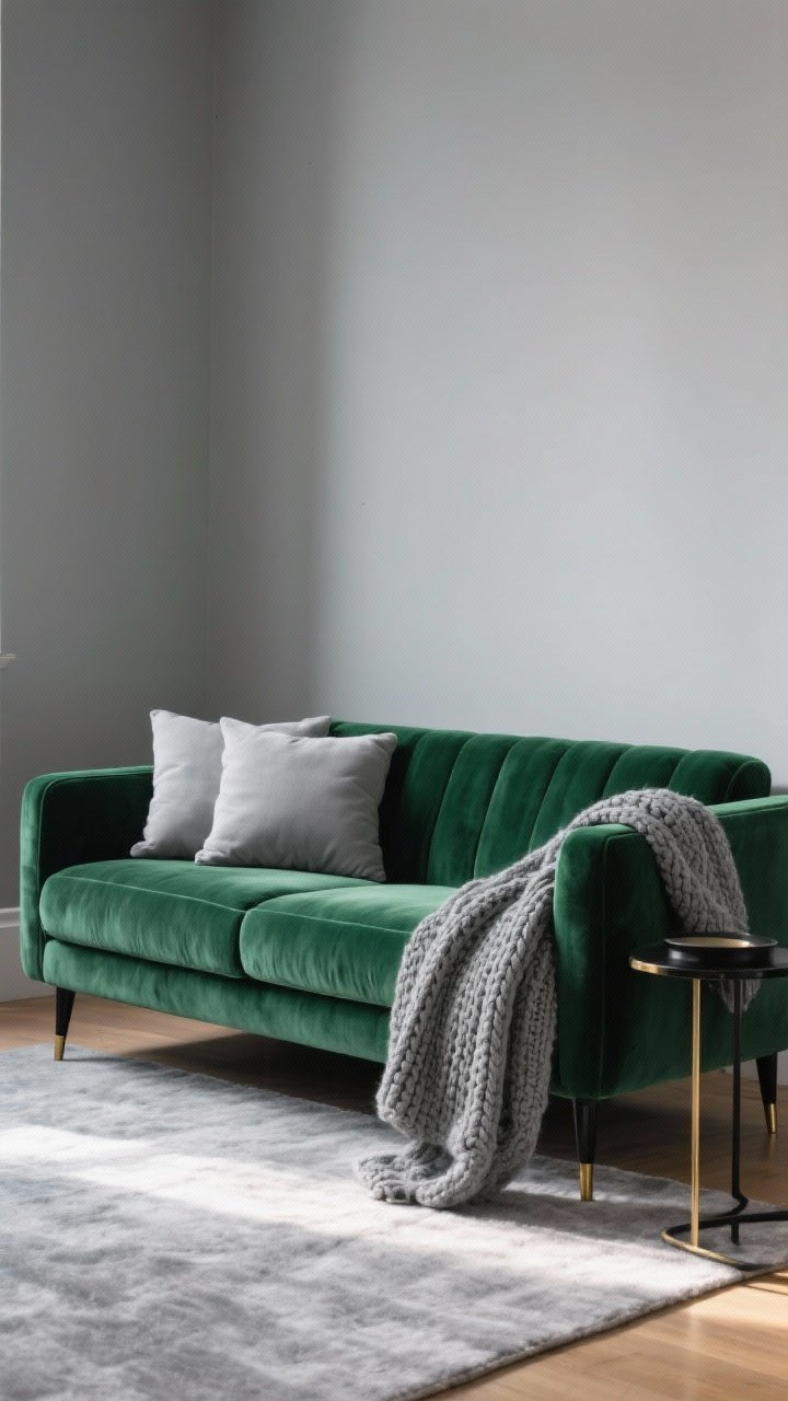 Medium shot: An emerald green velvet sofa centered against soft grey walls and a light grey rug. Style with light grey pillows and a chunky knit grey throw for contrast. The sofa has brass or matte black legs, with a simple black metal side table and warm afternoon light grazing the velvet pile. Mood: luxe, inviting, balanced.