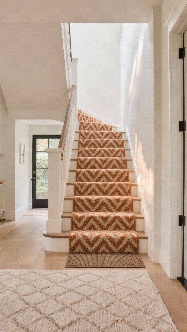 Medium shot angled toward a staircase flowing from the entry: coordinated pattern play between a neutral, quiet flatweave in the foyer and a bolder geometric stair runner above; shared warm tone family (rust and oatmeal) ties them together; non-slip pad note implied by a subtle stair-edge detail; soft side lighting highlights both patterns without clash.