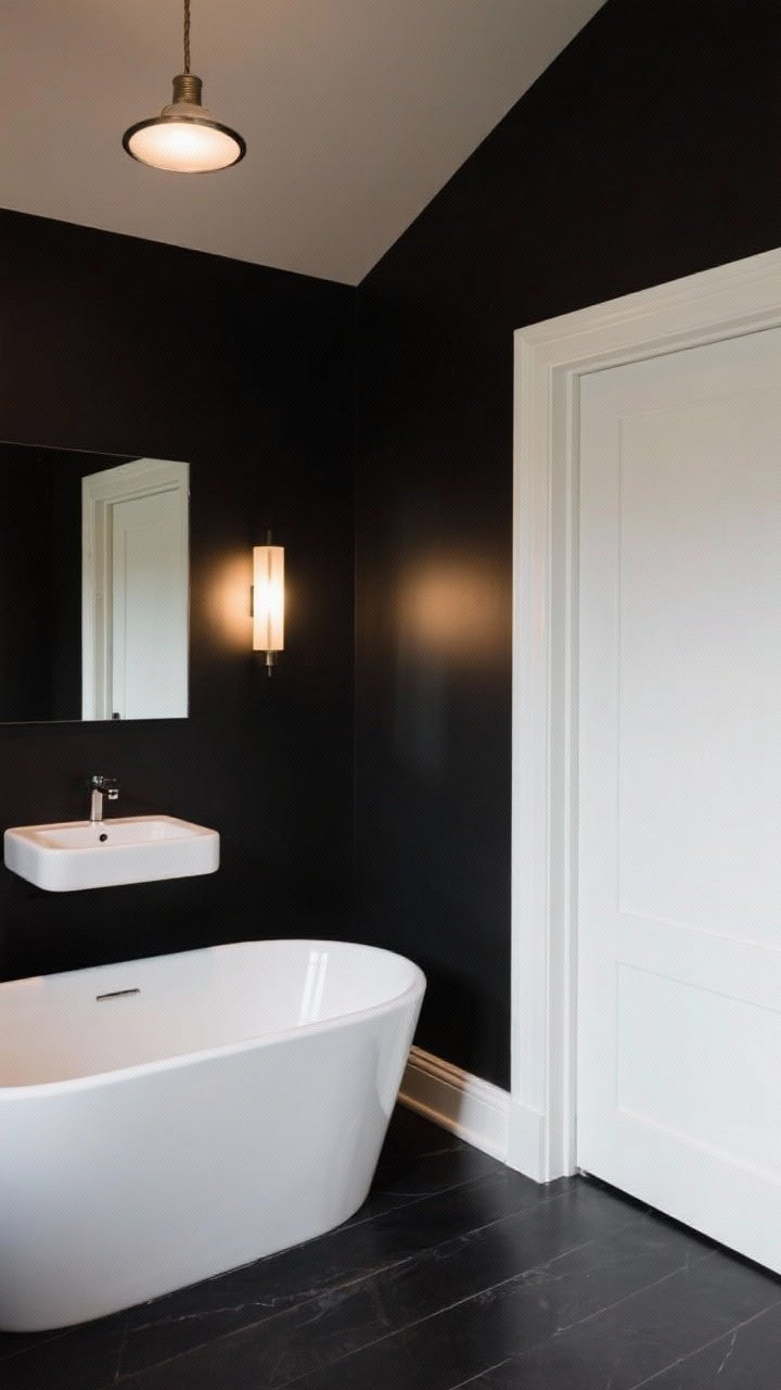Medium shot: Bathroom with inky, soft-undertone black walls; bright white freestanding tub and white sink to pop against the dark backdrop; semi-gloss white trim on baseboards and door for depth; layered lighting with warm sconces and an overhead fixture to avoid harsh shadows; angled corner view to show cocooning mood without feeling cave-like.
