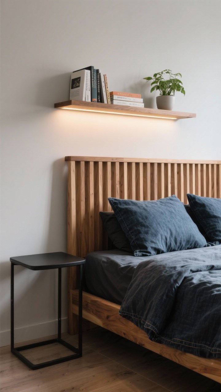 Medium shot: Bed with a statement headboard—choose wood slat headboard in warm oak for a Scandinavian vibe. Above it, a narrow floating shelf with concealed LED strip lighting casting a soft glow; display a few books and a small plant. Charcoal bedding with denim-textured pillows, black metal side table, neutral walls, photorealistic textures.