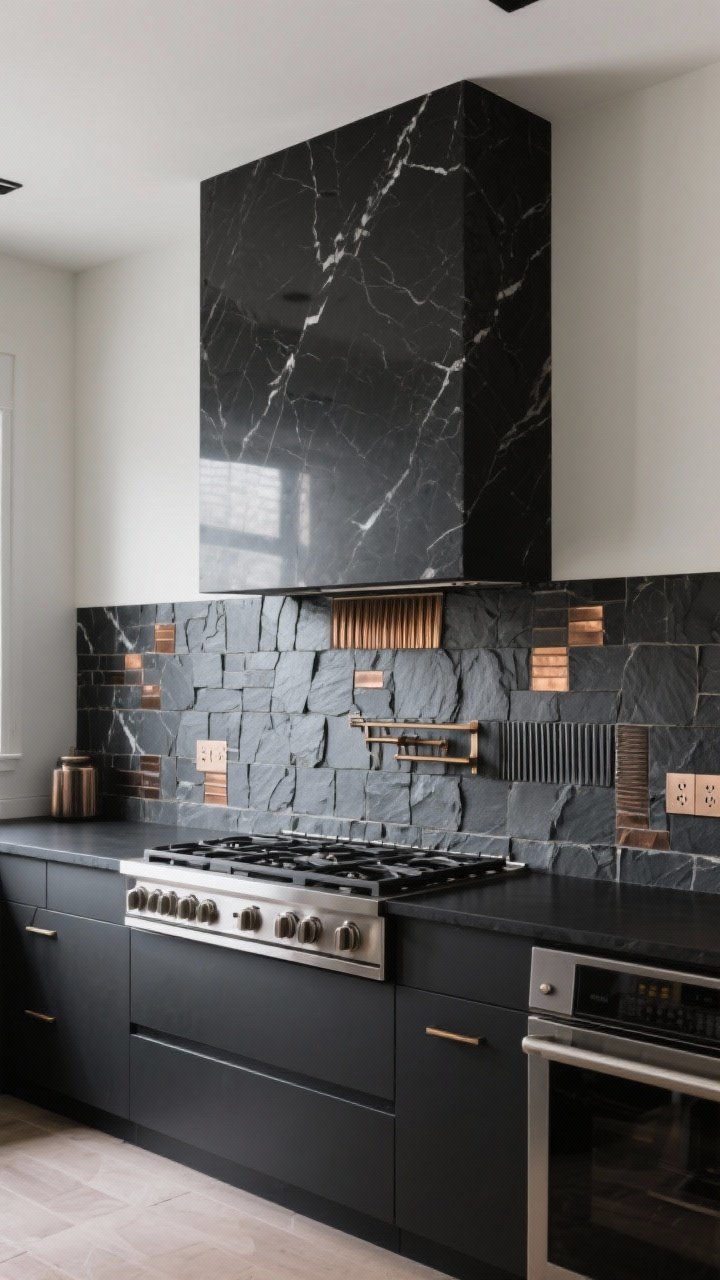 Medium shot: Black countertops paired with a full-height stone slab backsplash behind the range for seamless continuity—either black marble or quartz—with alternate area of fluted stone tiles adding texture; slate mosaic accents with warm metal details; minimal visible outlets using under-cabinet plugmold; matte finishes reduce glare in bright daylight; photorealistic.