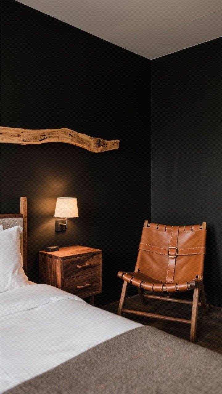 Medium shot: Black matte walls paired with warm materials—walnut nightstands, a live-edge teak shelf above the bed, and a cognac leather sling chair; leather strap drawer pulls repeat the cognac tone; soft warm lamp light highlights wood grain and leather patina; cohesive, grounded, boutique-hotel mood.