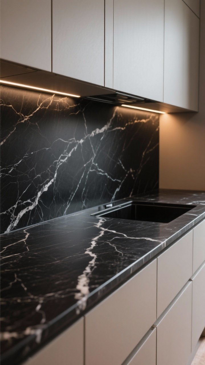 Medium shot: Black quartzite countertops with delicate, natural veining and a slightly thicker mitered edge for drama; quiet, understated cabinet colors allow the stone to shine; warm under-cabinet lighting grazes the surface to highlight the veining; upscale, durable feel, photorealistic.