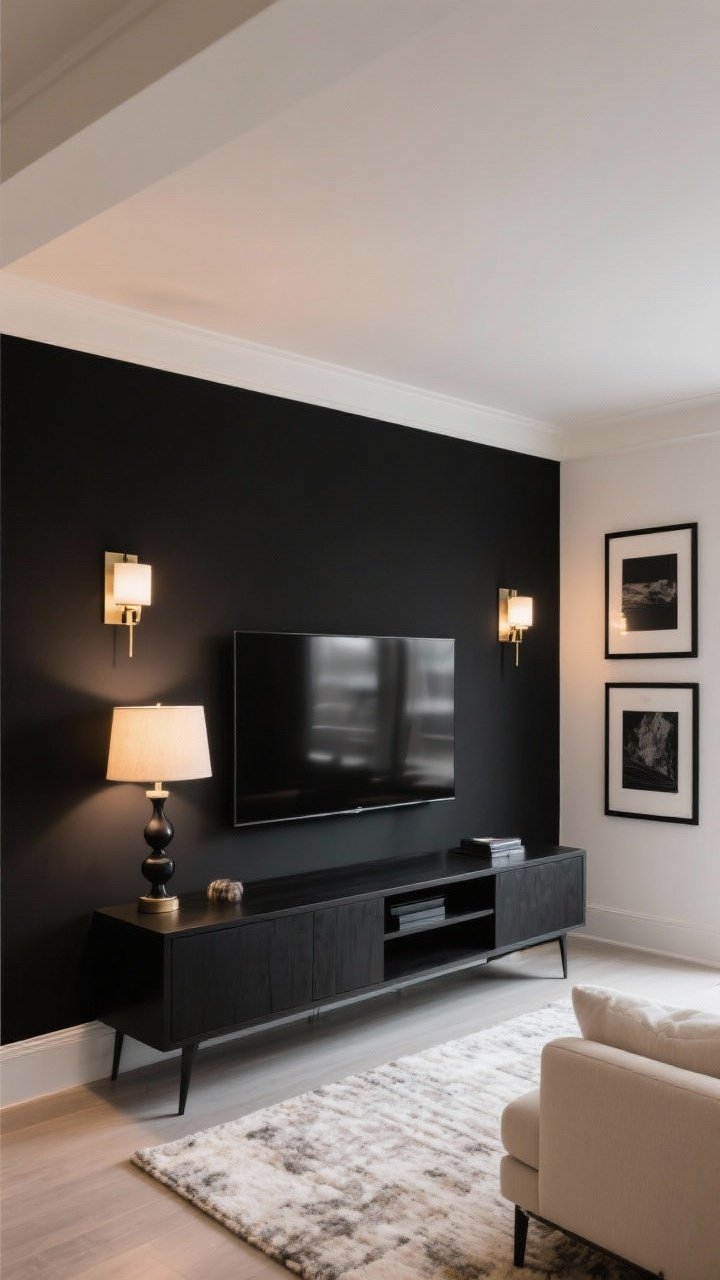 Medium shot: Bold black accent wall (soft black like Tricorn Black or Off-Black) behind a media center with a TV blending in; warm lighting from a table lamp and wall sconces; pale textured rug and light sofa to soften contrast; repeated black accents in frames and lamp bases for cohesion; photographed from a corner angle, photorealistic.