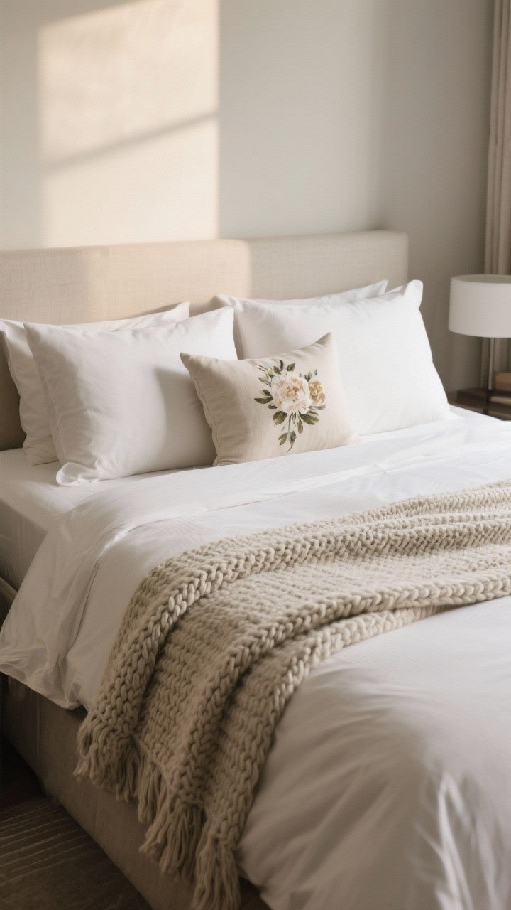 Medium shot: Boutique-hotel bedding—simple neutral duvet (cotton percale or sateen) with two Euro shams and two standard pillows, layered with one chunky knit throw at the foot and no more than two accent pillows; materials vary subtly (linen pillowcases, knit texture throw) for sophistication; neutral palette with a single floral accent pillow for personality; soft morning light across crisp, well-made linens.