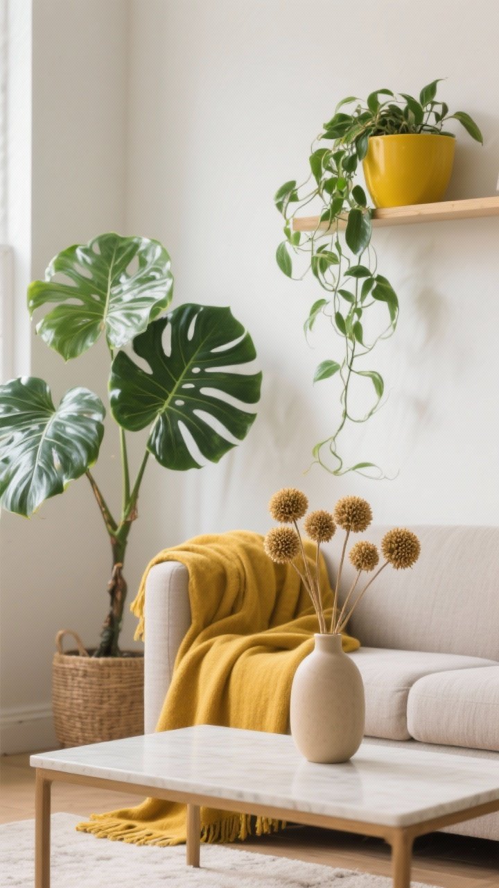 Medium shot bringing nature in: a fiddle leaf fig beside a sofa draped with a mustard throw; a trailing pothos in a yellow planter on a shelf; a simple vase with dried billy buttons (craspedia) on a coffee table. Fresh, balanced look with greenery and yellow interplay. Soft natural light, slight angle, no people.