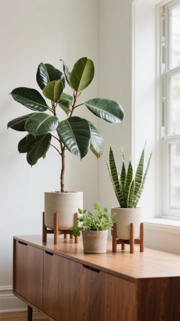 Medium shot by window: Sculptural greenery in mid-century planters—rubber plant or fiddle leaf fig providing height, a ZZ plant for easy care, and a small cluster of potted herbs on the credenza; cylinder pots on wood stands; bright but soft daylight enhancing leaf texture; no people, photorealistic.