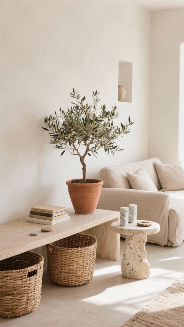 Medium shot celebrating natural elements: a terracotta pot with an olive tree beside a linen sofa, rattan baskets tucked under a console for storage, and a small travertine side table with marble bookends and stone coasters; sandy taupe and cream palette; bright natural daylight enhancing organic textures; serene, breathable vibe.