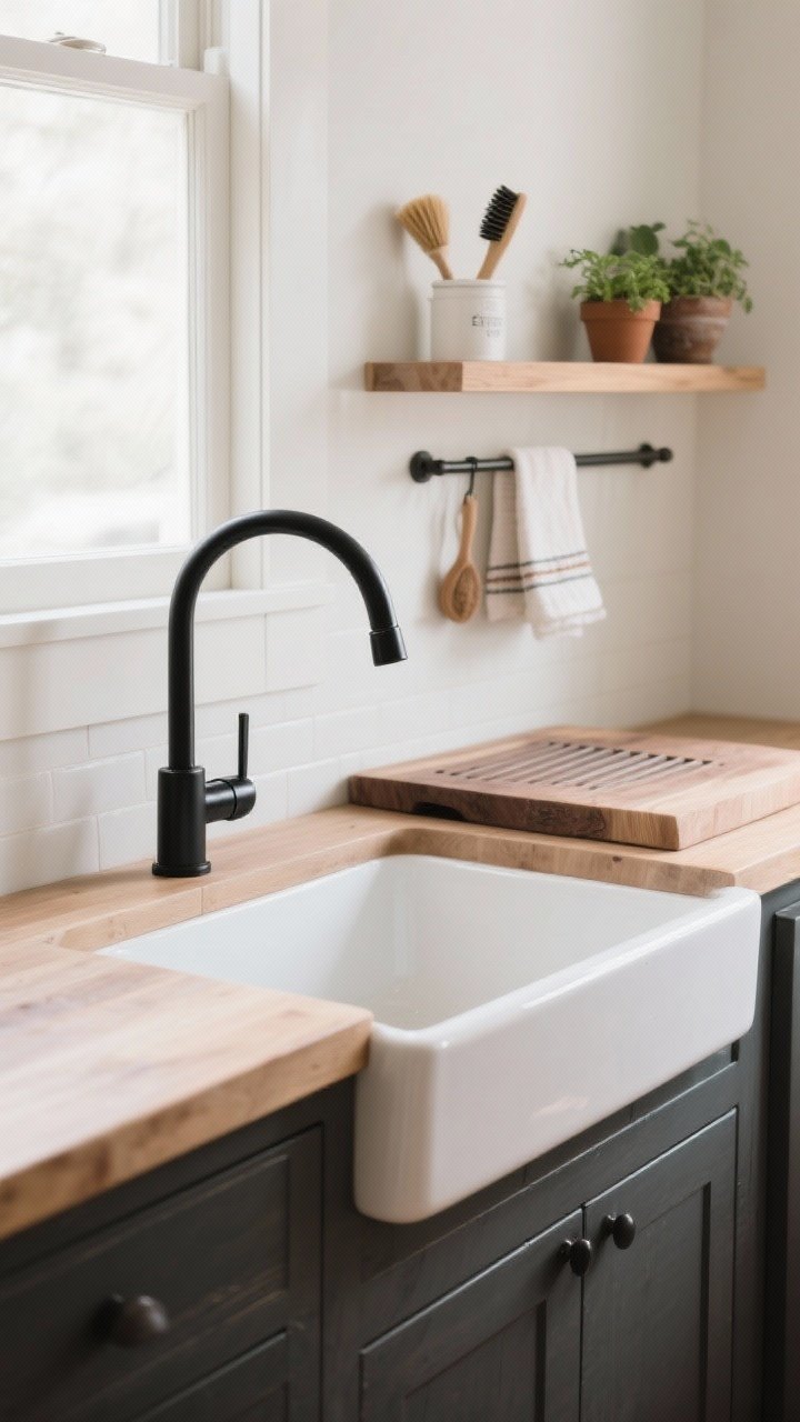 Medium shot centered on a sleek apron-front farm sink: clean-lined fireclay single-bowl sink, paired with a matte black pull-down faucet; adjacent butcher-block prep zone and a subtle built-in drainboard; a slim rail system mounted behind the sink holding brushes, towel, and tiny herb pots; soft daylight, photorealistic.