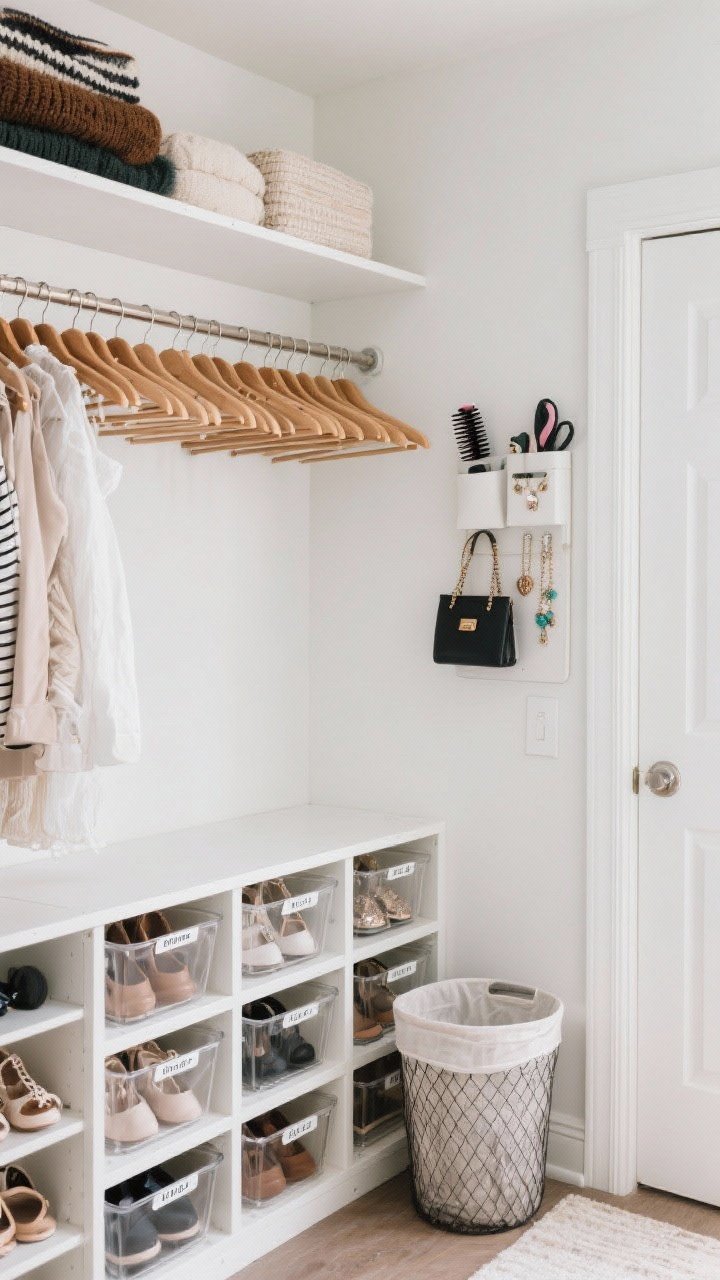 Medium shot: Closet glow-up—double hang rods neatly filled with matching slim hangers, cubbies or clear bins labeled for shoes and accessories, and an over-the-door organizer holding hair tools, bags, and jewelry; use every vertical inch with a top shelf for seasonal storage; include a lidded laundry hamper tucked to the side; bright, clean lighting for clarity.