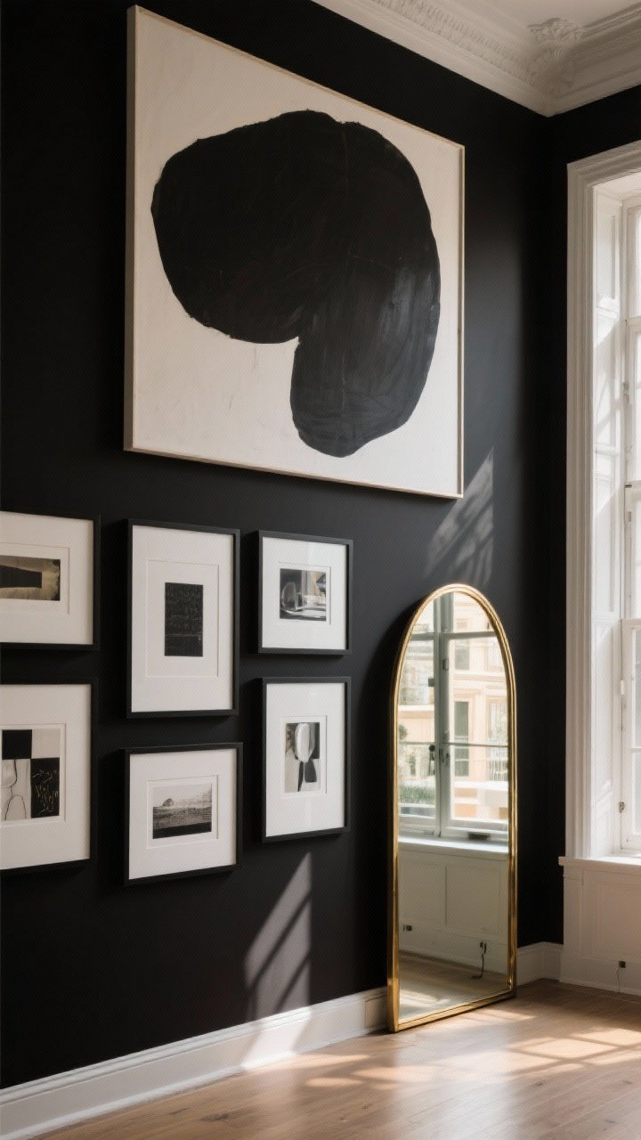Medium shot: Curated art and mirrors for drama—oversized art with bold negative space on a black wall, a tight gallery grouping in black frames with white mats, and an arched brass mirror placed opposite a window to reflect light; late afternoon glow amplifying reflections and mood without adding clutter.