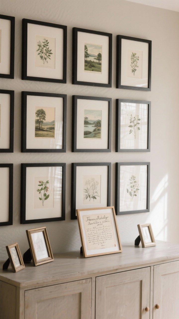 Medium shot: Curated art over a buffet—grid gallery of black frames with a mix of vintage landscape prints and botanical sketches arranged symmetrically; a single sentimental piece (a framed handwritten family recipe card) layered on the buffet surface with a few leaned frames for a casual feel; neutral backdrop and soft side lighting for depth.