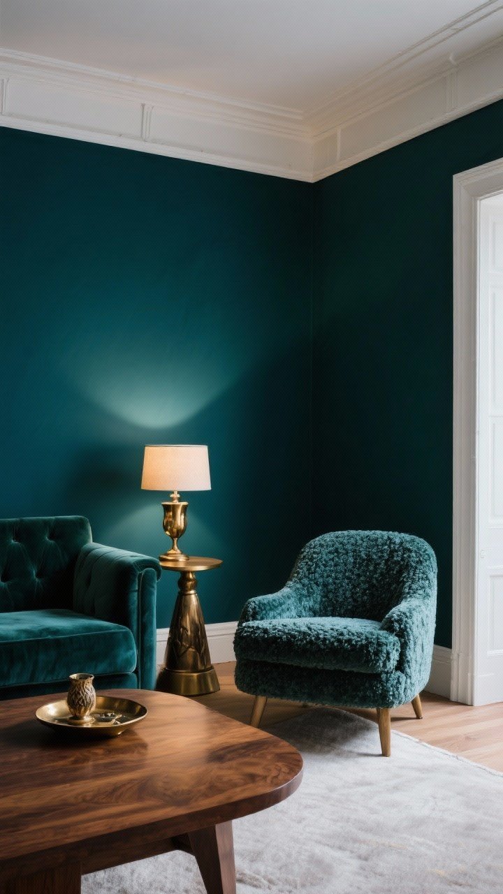 Medium shot: Deep teal walls in a statement living area with white ceiling and trim for breathing room; luxe textures—velvet sofa or boucle accent chair; warm wood side table to prevent a cold vibe; brass and antique bronze accents in a floor lamp and decor tray; soft, moody evening lighting creating depth; photographed from a slight corner angle.