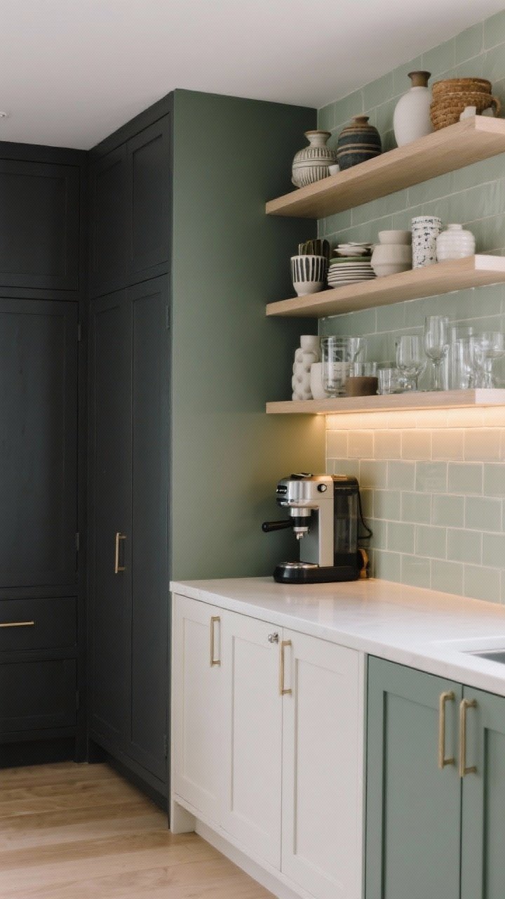 Medium shot dividing zones by function: a darker pantry/utility wall in charcoal for drama and durability on the left, and a lighter open-shelving display zone on the right with off-white cabinets and floating shelves; styled ceramics and glassware on shelves, coffee bar niche in a distinct muted color (soft sage) with a compact espresso machine; repeat lighter color in a matching backsplash tile; warm under-cabinet LEDs visually connecting zones.